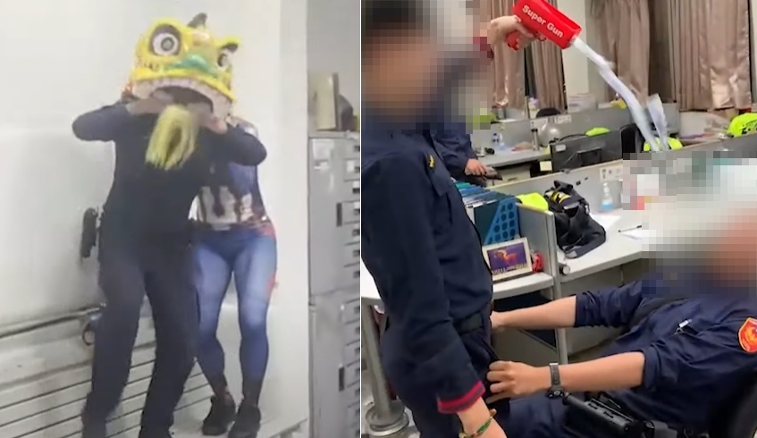 前鎮分局草衙派出所在除夕夜大玩舞獅、噴錢，相關人員共遭記17支申誡。（翻攝網路）