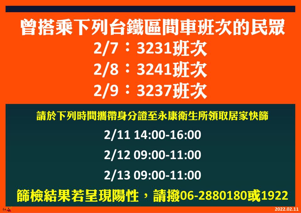 曾搭乘台鐵3班次可至永康衛生所領快篩。（翻攝自黃偉哲臉書）