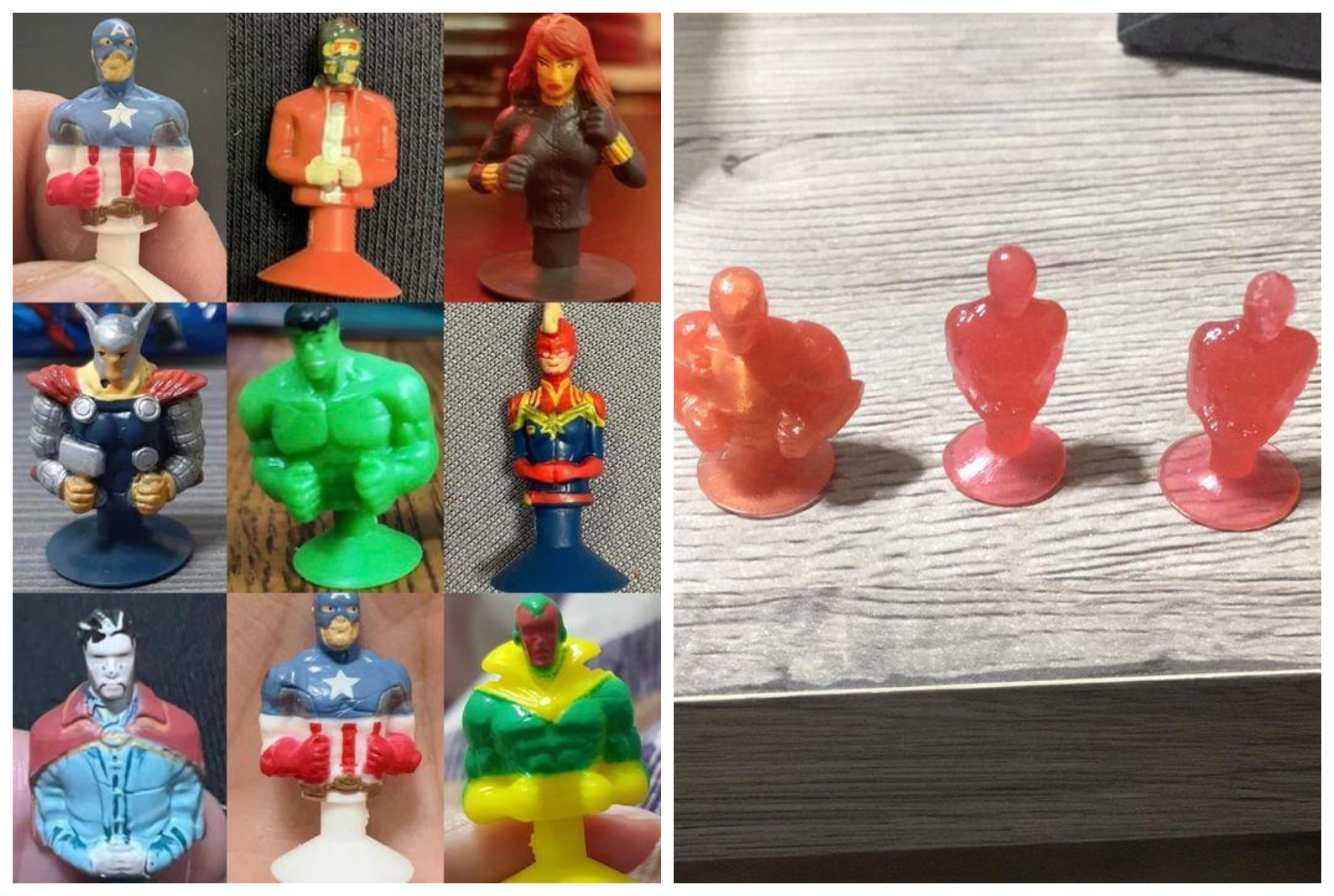 全聯的漫威公仔挨轟「復醜者聯盟」（左圖），有網友說透明版根本認不出是哪一個超級英雄（右圖）。（翻攝爆廢公社）