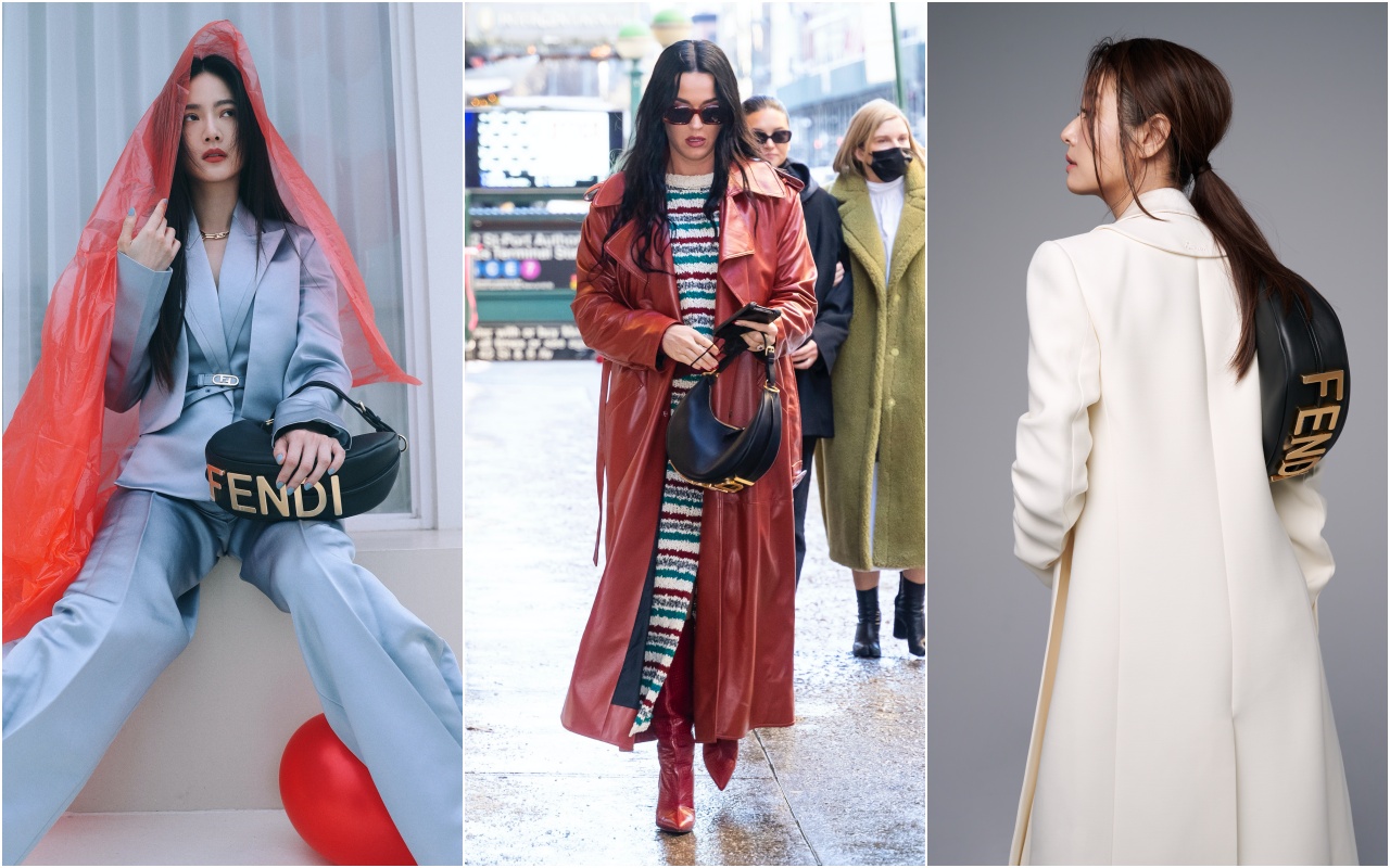 曾之喬（左起）、凱蒂佩芮、林心如都挑了黑色Fendigraphy包做為搭配。NT$74,000（FENDI提供）