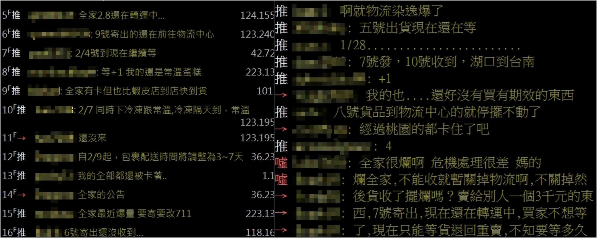 不少人反應透過全家寄送的包裹遲遲領不到。(翻攝自PTT)