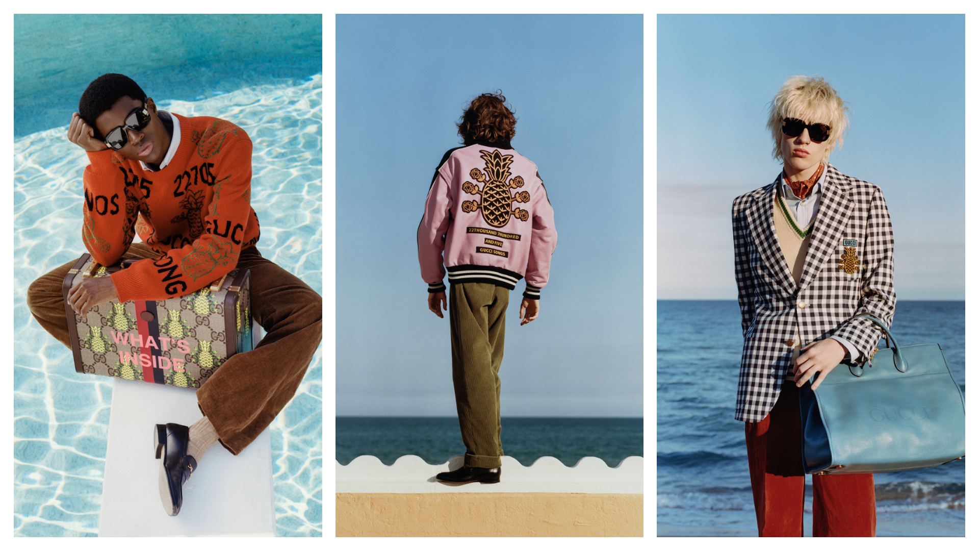 Gucci推出全新Gucci Pineapple男士系列，鳳梨與玫瑰幻化成為全新裝飾圖樣，為豐富多姿的男士服裝與配飾系列增添玩趣與雅緻風情。（GUCCI提供）