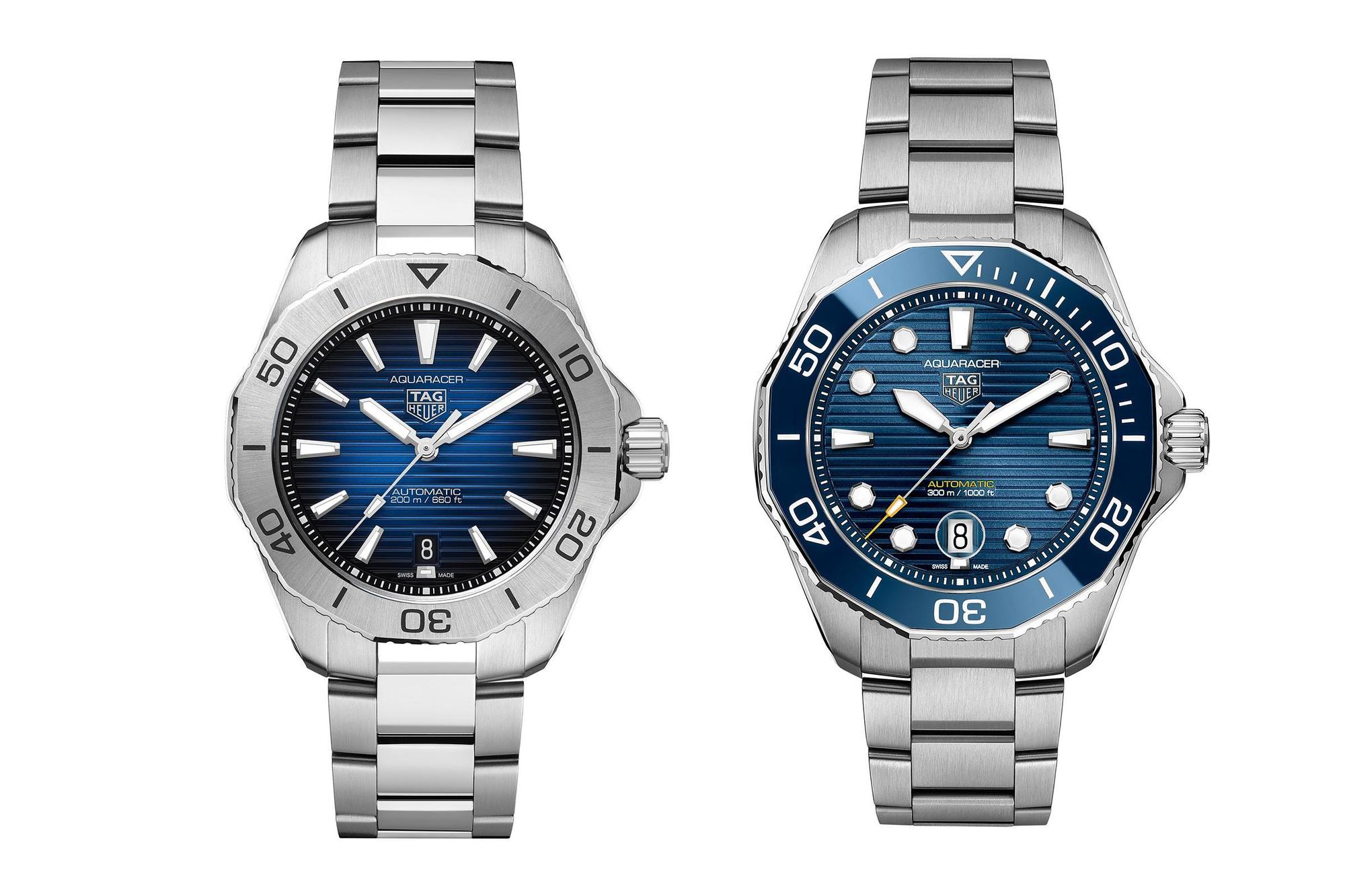 左為Aquaracer Professional 200右為300，從錶圈材質、時標和指針還有日期窗，以及鍊帶的處理工法等等，都可以看出兩者的顯著差異。