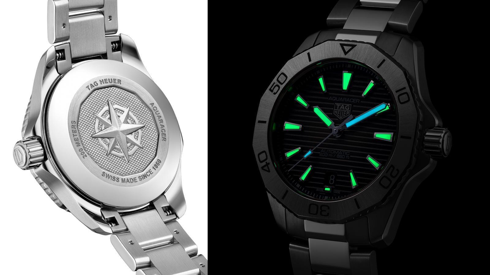 Aquaracer Professional 200的底蓋以指南針取代Professional 300的潛水頭盔，而跳色的明亮夜光則是兩款都具備的系列招牌。