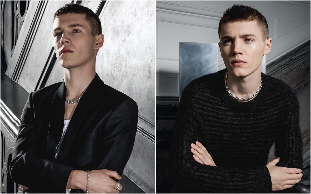 年僅19歲的丹麥費利克斯王子(Prince Felix of Denmark)首度以模特兒身份為喬治傑生全新REFLECT系列珠寶拍攝時尚廣告宣傳大片。(喬治傑生提供)