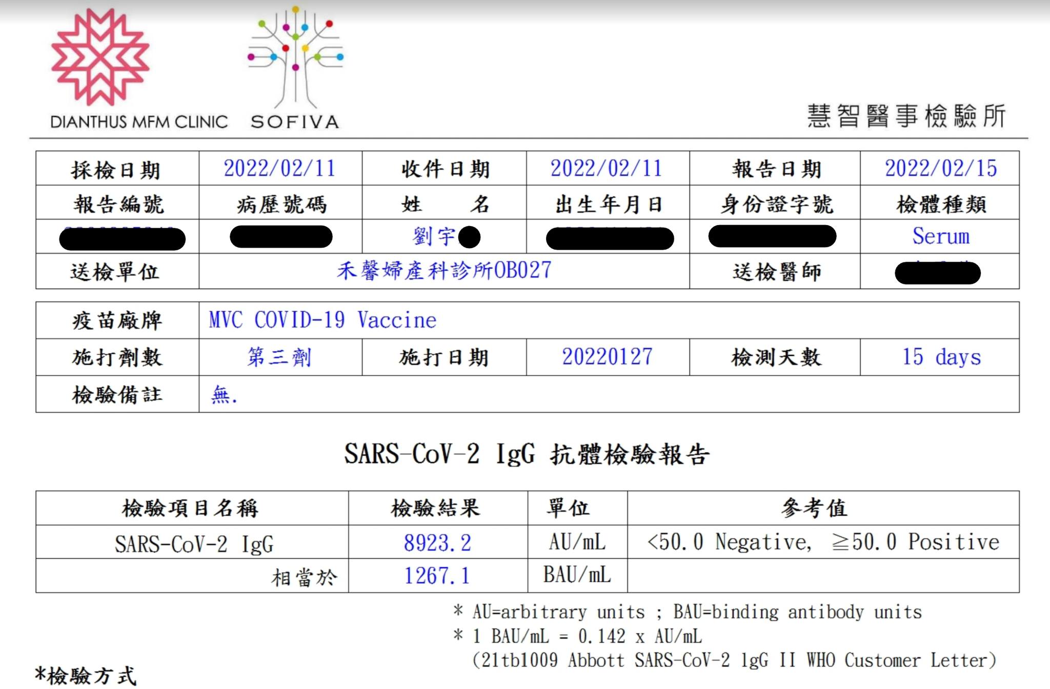 距離施打第三劑15天後，四叉貓體內的抗體數值來到8923.2 AU/mL。（翻攝自劉宇臉書）