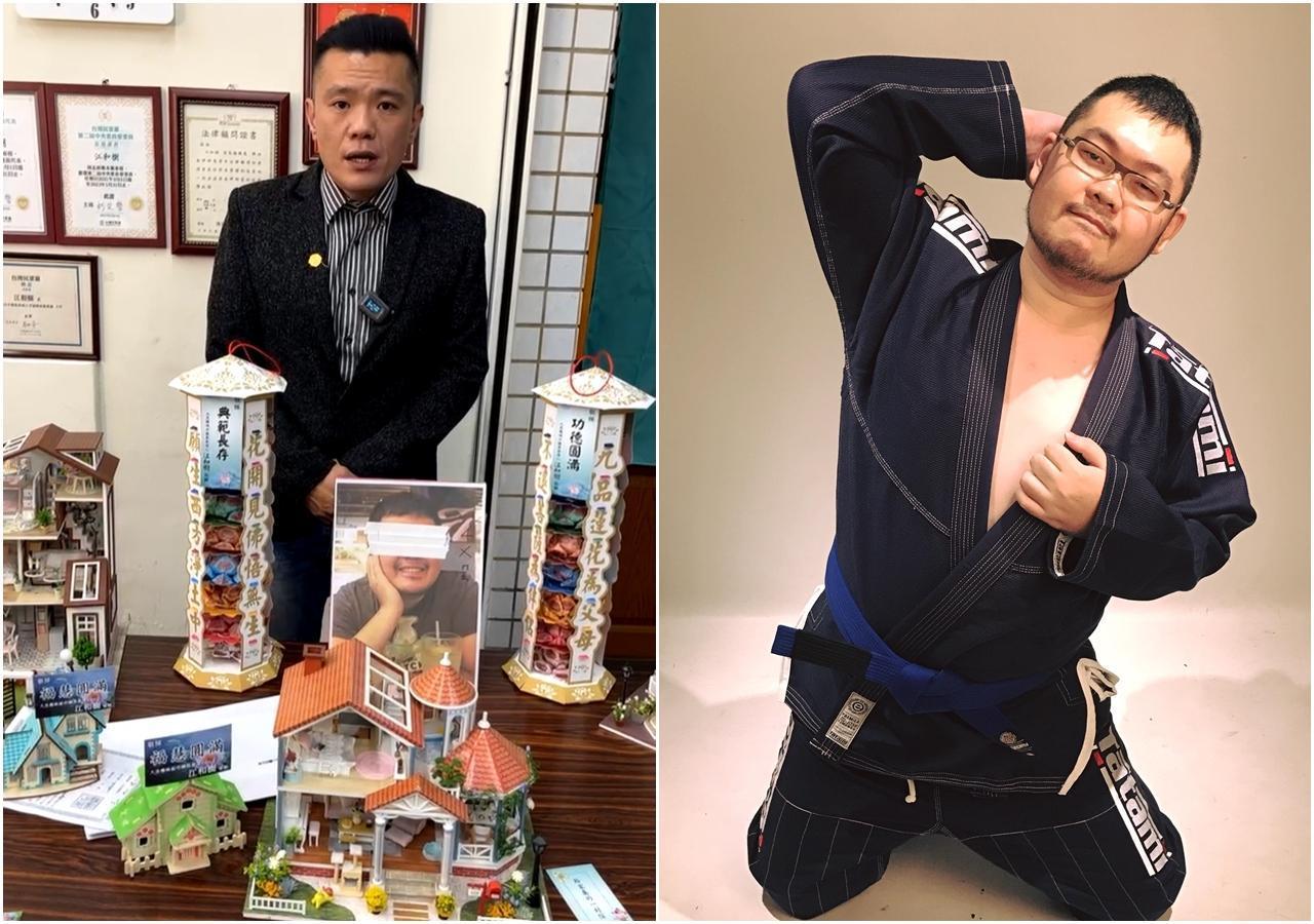 民眾黨台中市議員參選人江和樹(左)在直播上擺滿紙紮屋、冥府地契等,用「詛咒」的方式回嗆四叉貓(右)。(翻攝自江和樹/劉宇臉書)
