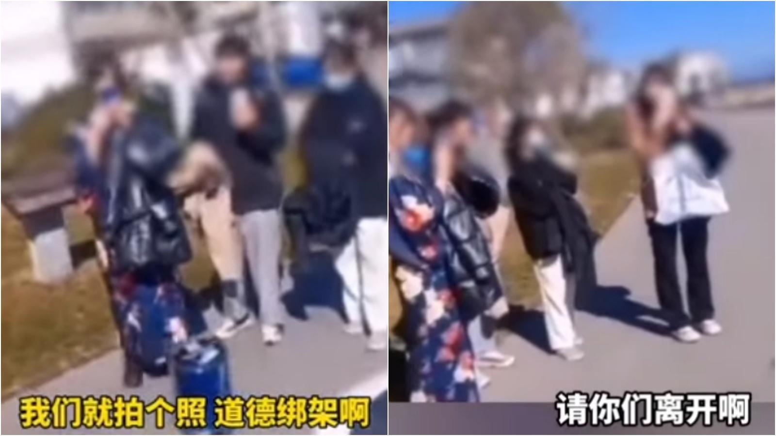 遊客在雲南大理穿和服拍照,遭保安驅趕、路人辱罵,引發網路熱議。(翻攝自網路影片)