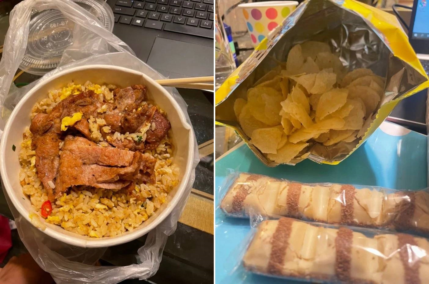 被隔離的網友發現家人送給自己的飯菜零食被檢疫所拆開來翻攪捏碎，直呼「完全把我們當犯人在看待」。（翻攝Dcard）