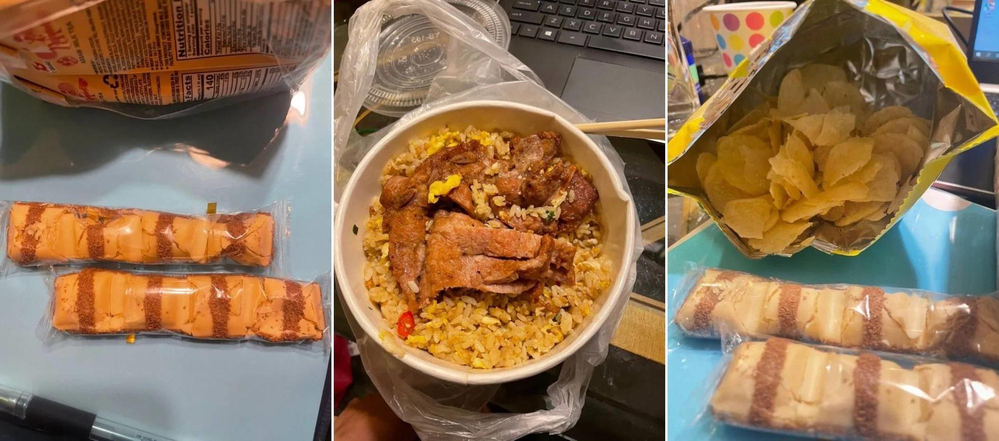 親友送來的巧克力被捏碎、便當飯菜明顯被翻攪過、連洋芋片包裝都被拆封檢查，網友問「如果在這個期間，食物被感染了怎麼辦？」。（翻攝Dcard）
