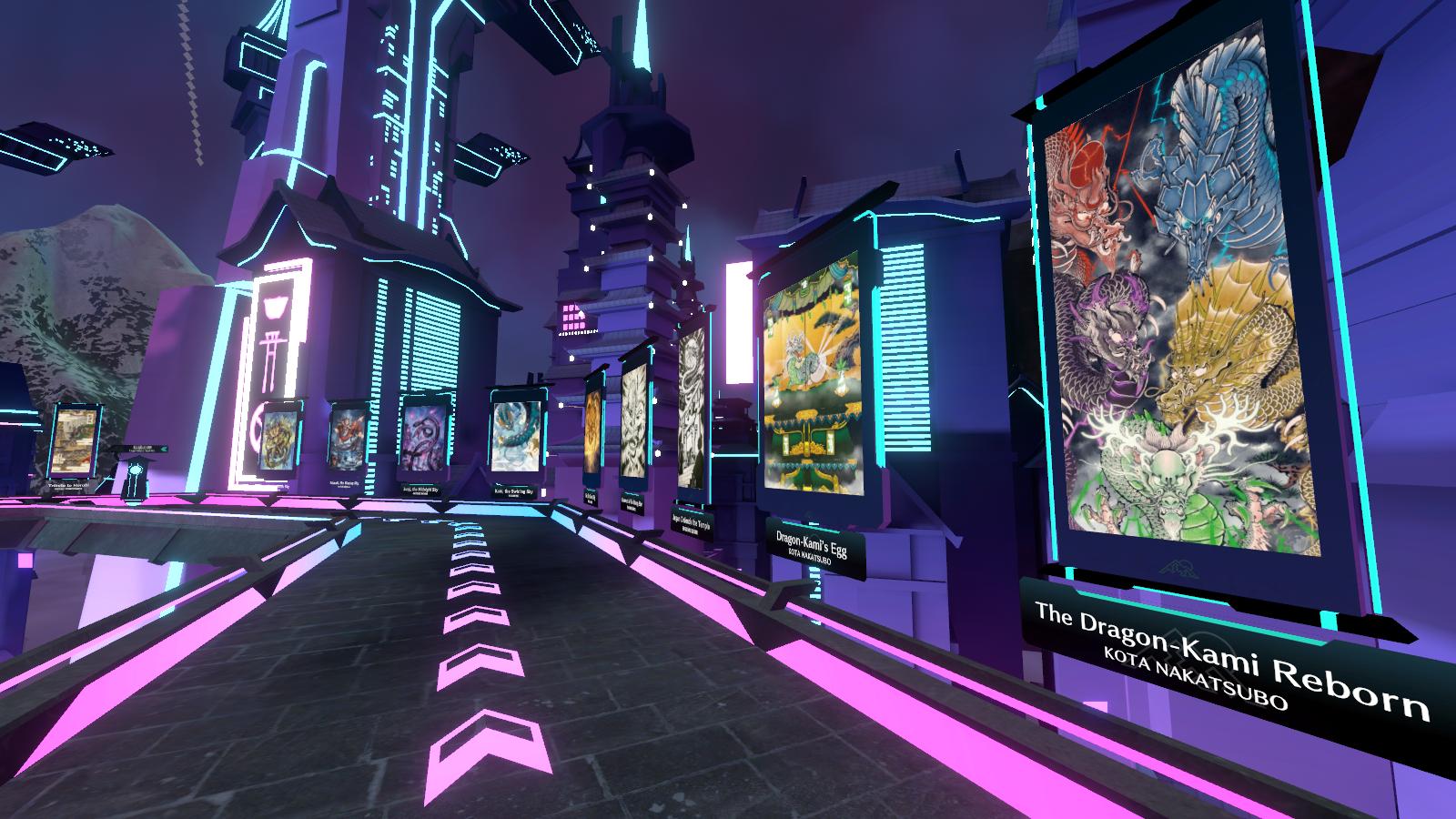 〈神河：霓朝紀〉VR展共展出83位藝術家、共134幅卡牌插畫作品。（VR虛擬藝術展實機截圖）