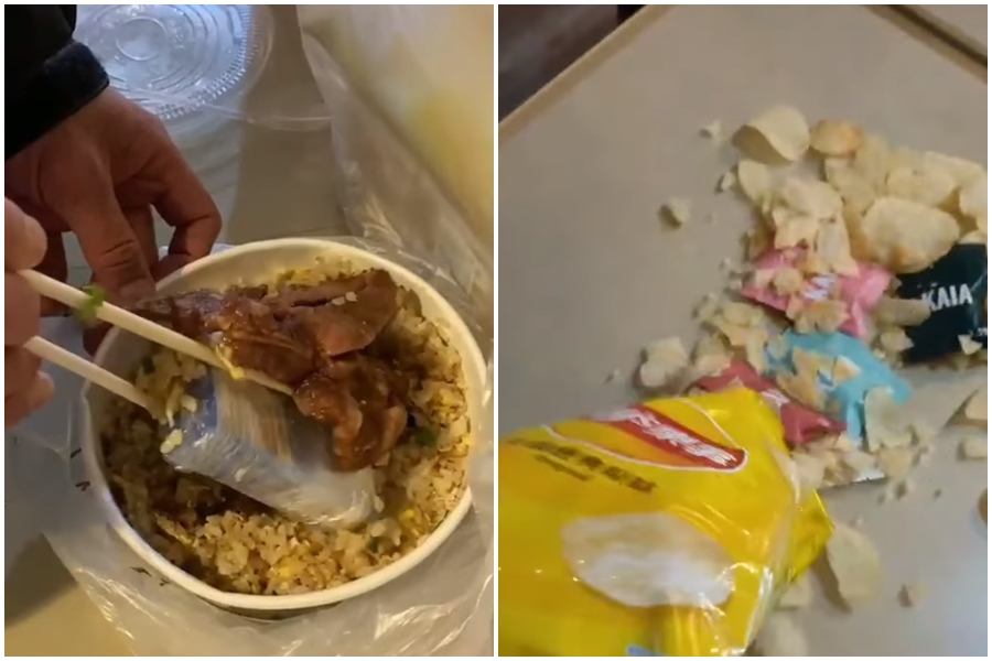 檢疫所抽查違禁品，有人把香菸盒藏進便當、洋芋片打開倒出竟發現許多疑似毒品的小包物品。（翻攝自王必勝臉書）