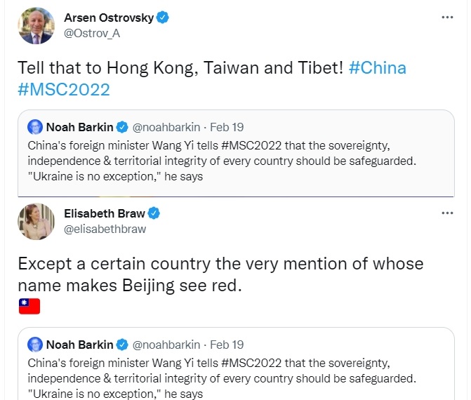 歐美各界認為尊重各國主權一說從王毅口中說出來相當諷刺。（翻攝自推特）