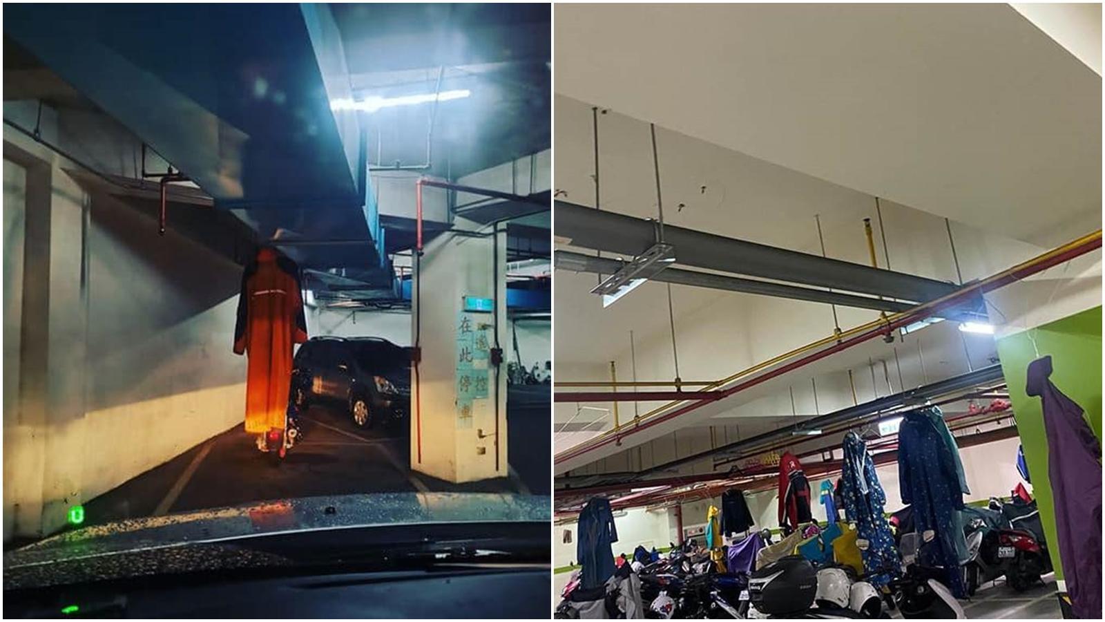 不少網友也曬出各式各樣的驚悚照,尤其是停車場中的「上吊雨衣森林」及「黑暗處不經意的上吊雨衣鬼」。(翻攝自爆廢公社)