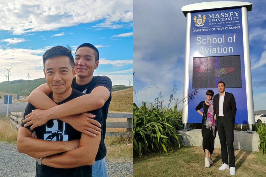 岑永康（左圖前）和張珮珊（右圖左）的兒子（左圖後、右圖右），日前申請紐西蘭第一學府奧克蘭大學6科系全上。（翻攝自「岑永康張珮珊窩幸福」臉書）