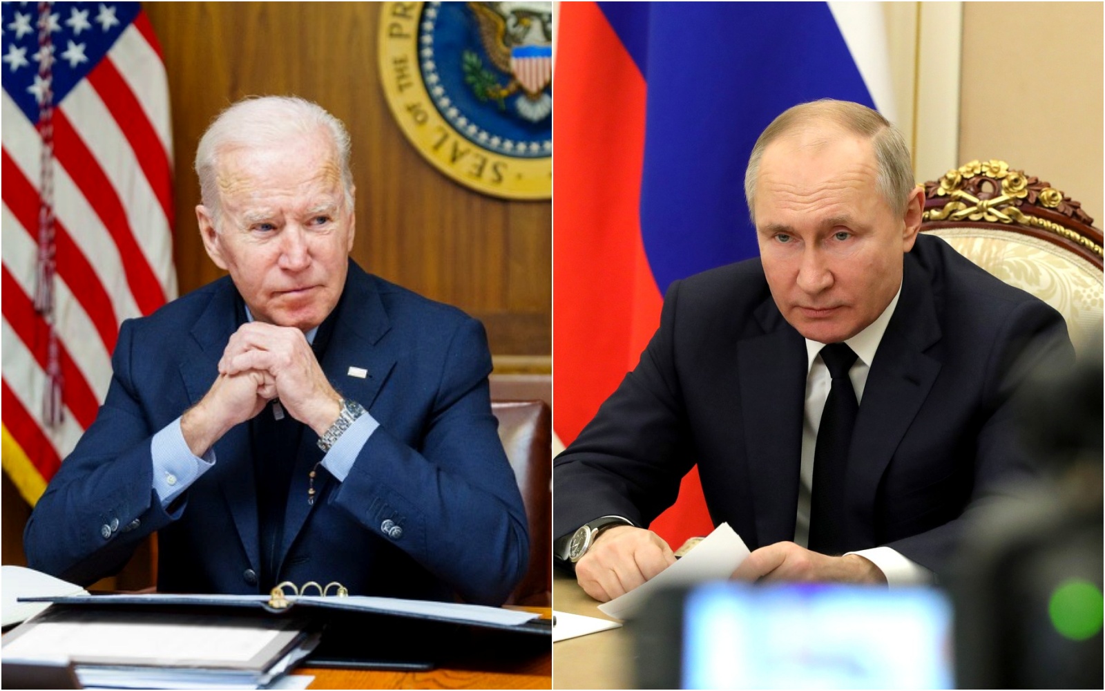 美國總統拜登（左）針對俄羅斯總統普丁（右）在烏克蘭的行動祭出經濟制裁。（翻攝自白宮臉書／克里姆林宮）