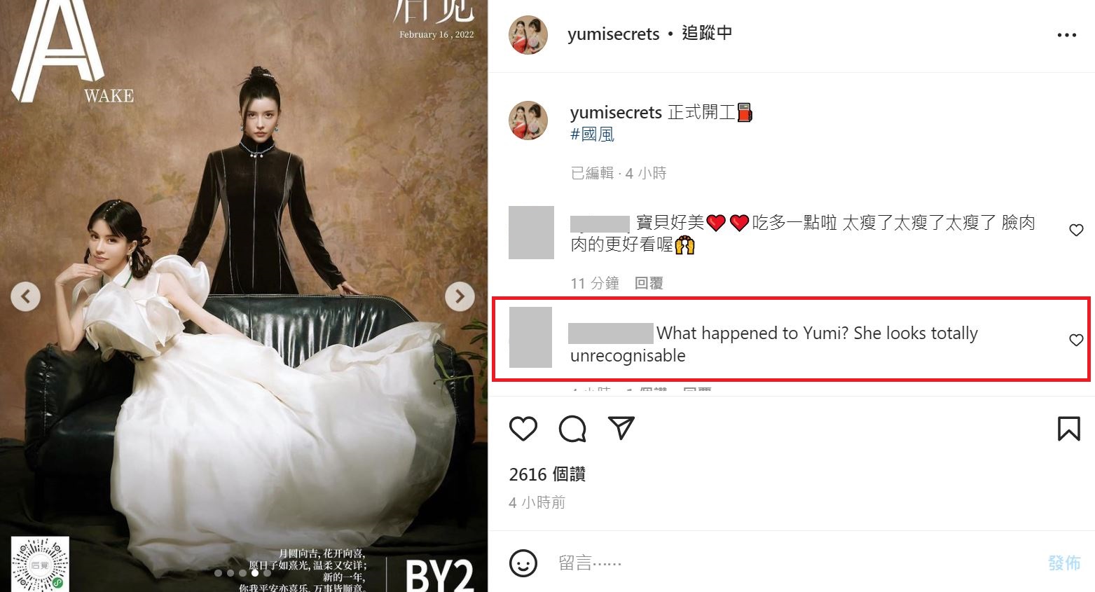一名網友用英文說，Yumi看起來認不出來了。（翻攝yumisecrets IG）