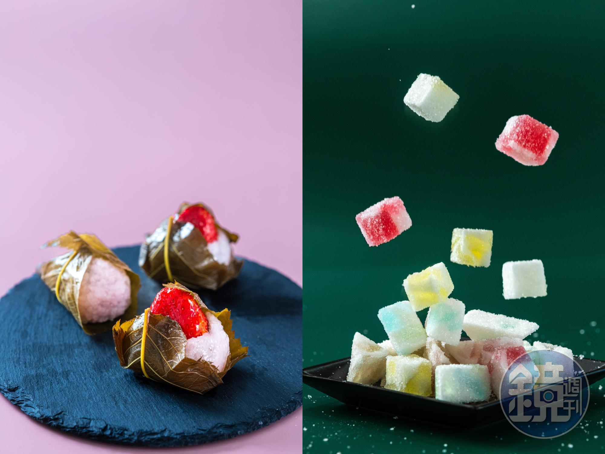 在小班制教學的和菓子教室「望月堂」,除了學特別的干果子「鳳瑞」(右),還可以學「櫻餅」(左)等春季甜點。