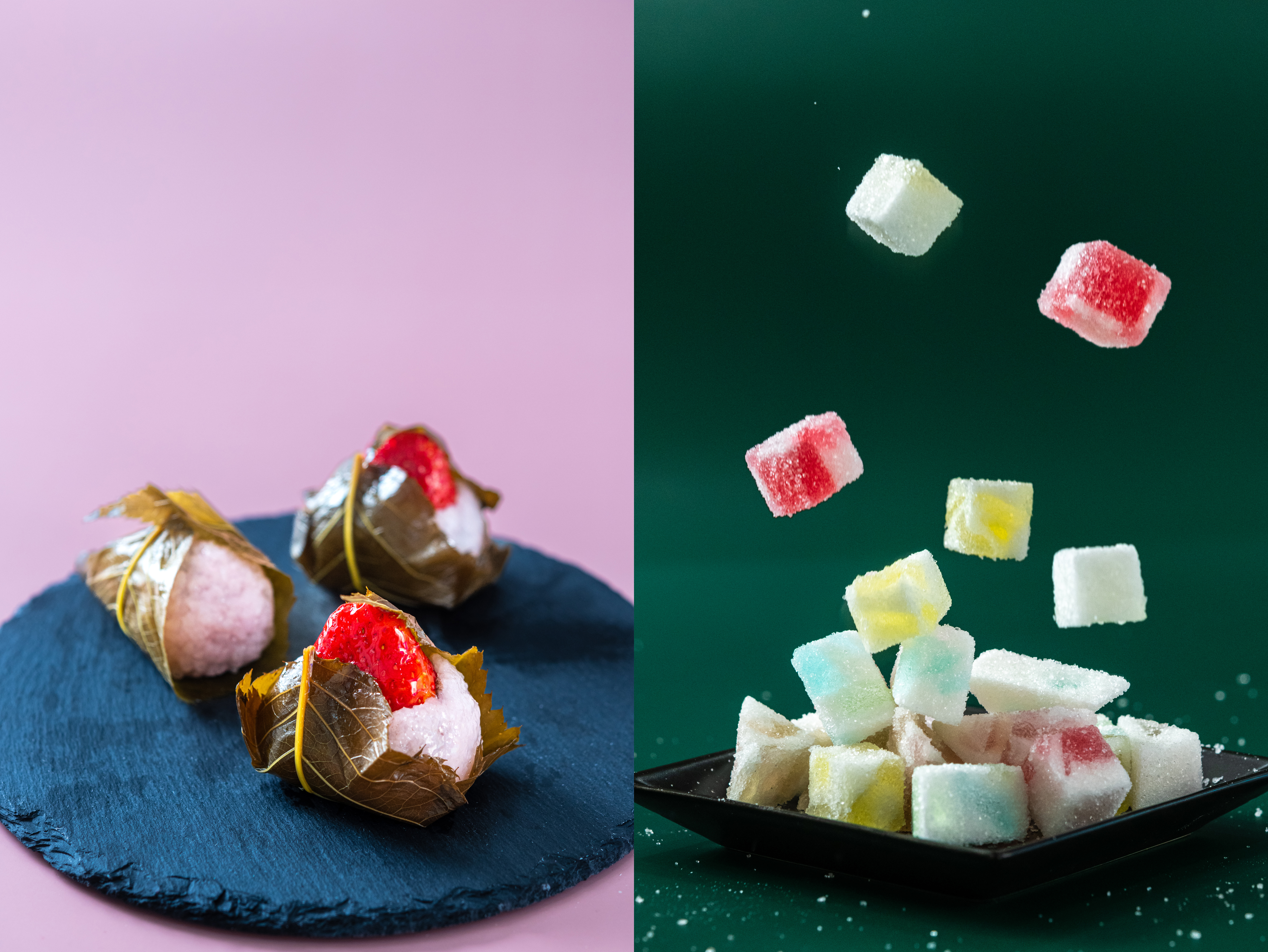 在小班制教學的和菓子教室「望月堂」，除了學特別的干果子「鳳瑞」（右），還可以學「櫻餅」（左）等春季甜點。