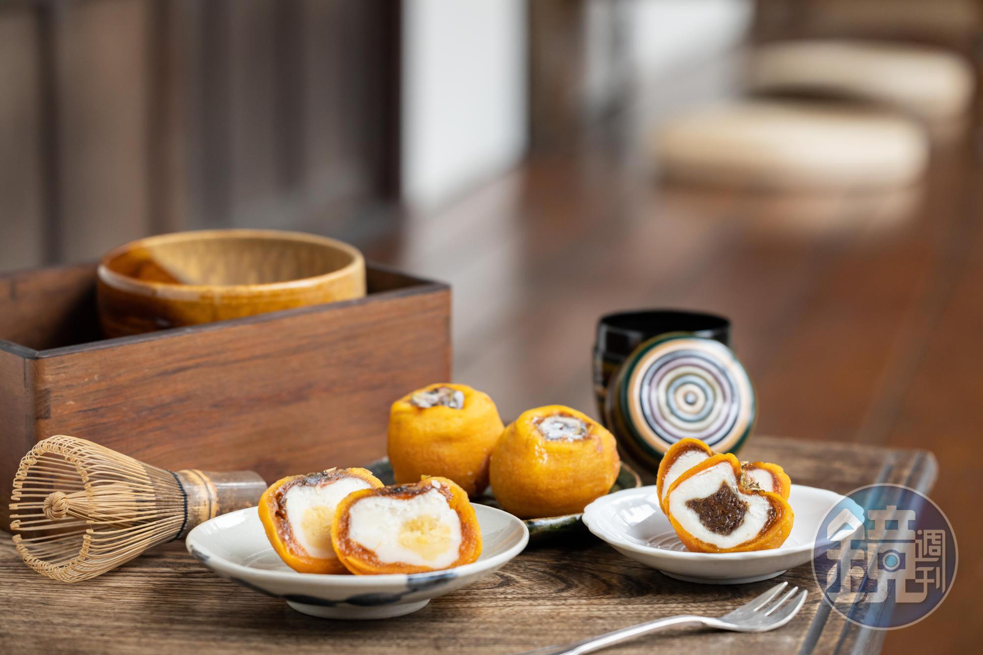 「柿菓子」濃縮柿子的甘甜，「栗心」（左）鬆滑甜蜜，「棗心」（右）果乾香氣足。（皆120元／顆）