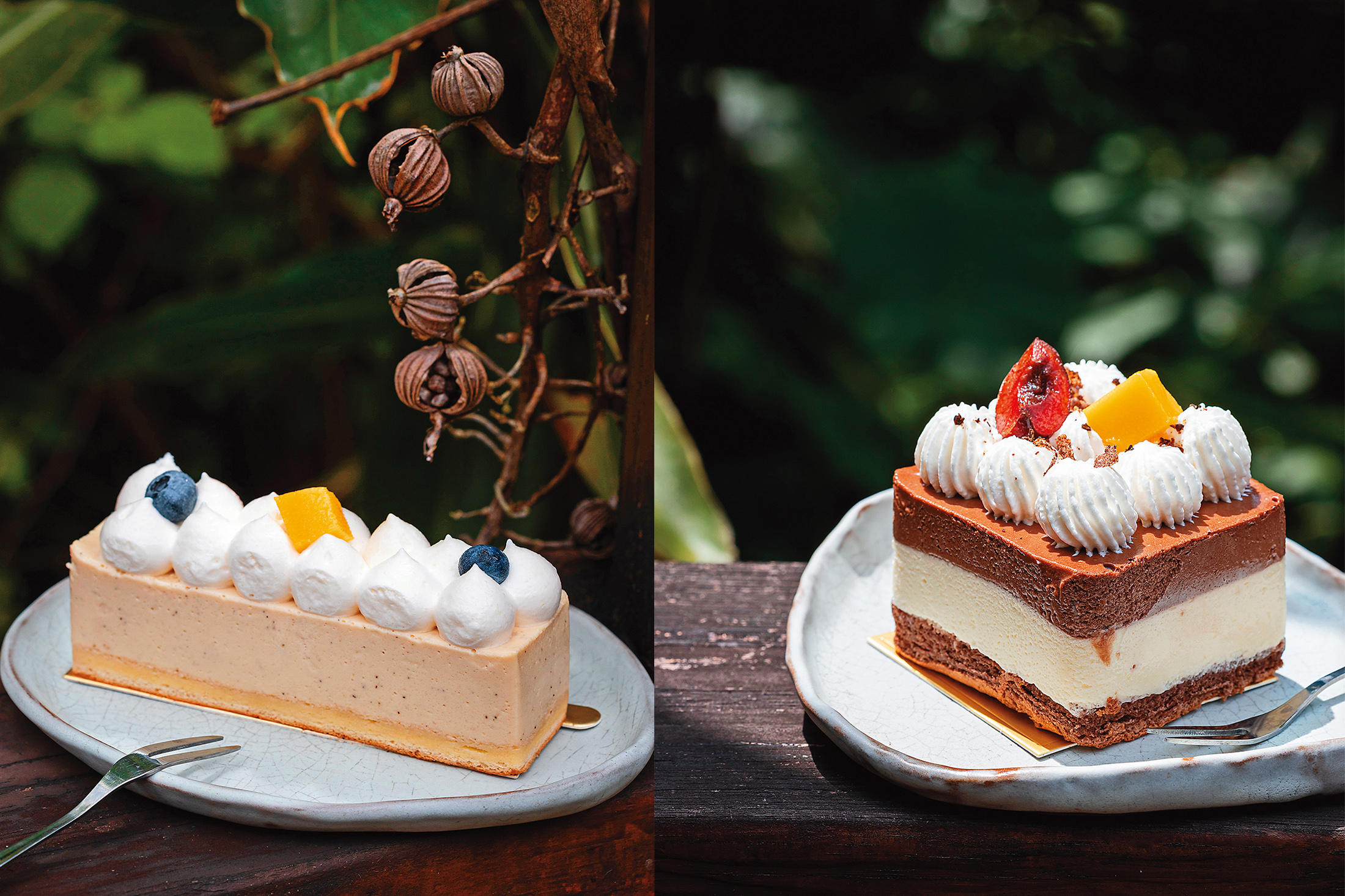 以加里山冠軍烏龍茶，搭配季節水果製作的「加里山烏龍茶」（左），是店內最受歡迎的甜點（120元／份）；「馬告雙色巧克力」（右）將馬告的檸檬香茅氣息與巧克力巧妙融合。（140 元／份）
