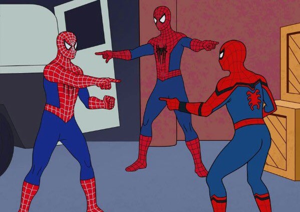 經典的「蜘蛛人互指」迷因，真的被漫威、索尼官方拍出！（翻攝自推特）