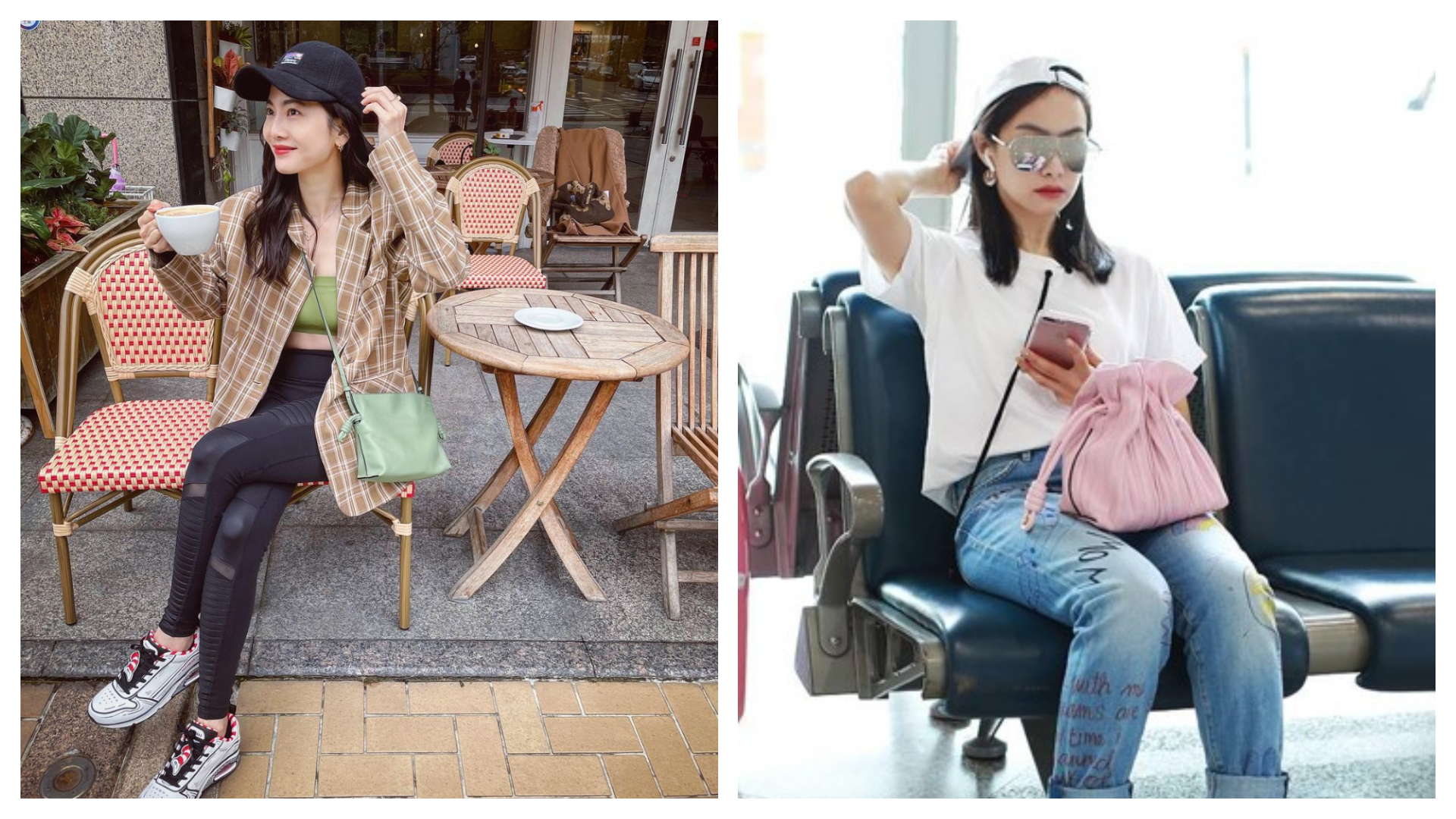 宋茜與曾之喬，分別背起LOEWE新色包款，看起來就好春天啊！（LOEWE提供）