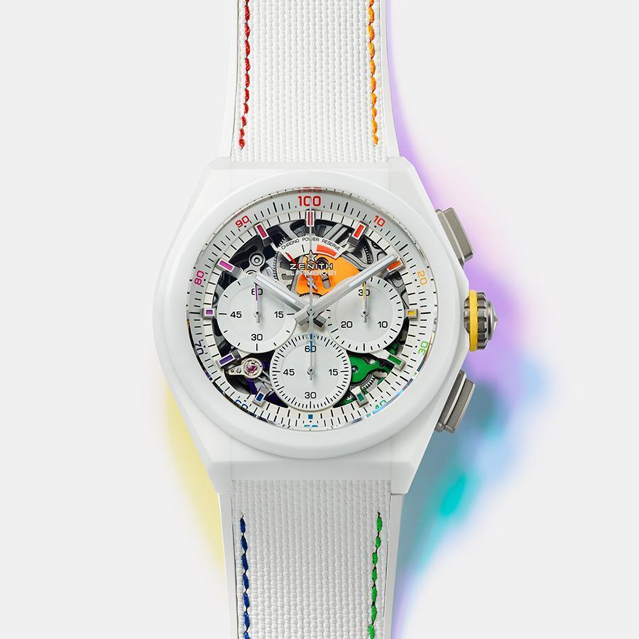 Defy 21 Chroma｜錶徑44mm／白色陶瓷錶殼／時、分、小秒、動力儲存指示、計時碼錶功能／El Primero 9004自動上鍊機芯／防水100米／專賣店限定款，限量200只／建議售價：NT$ 464,800