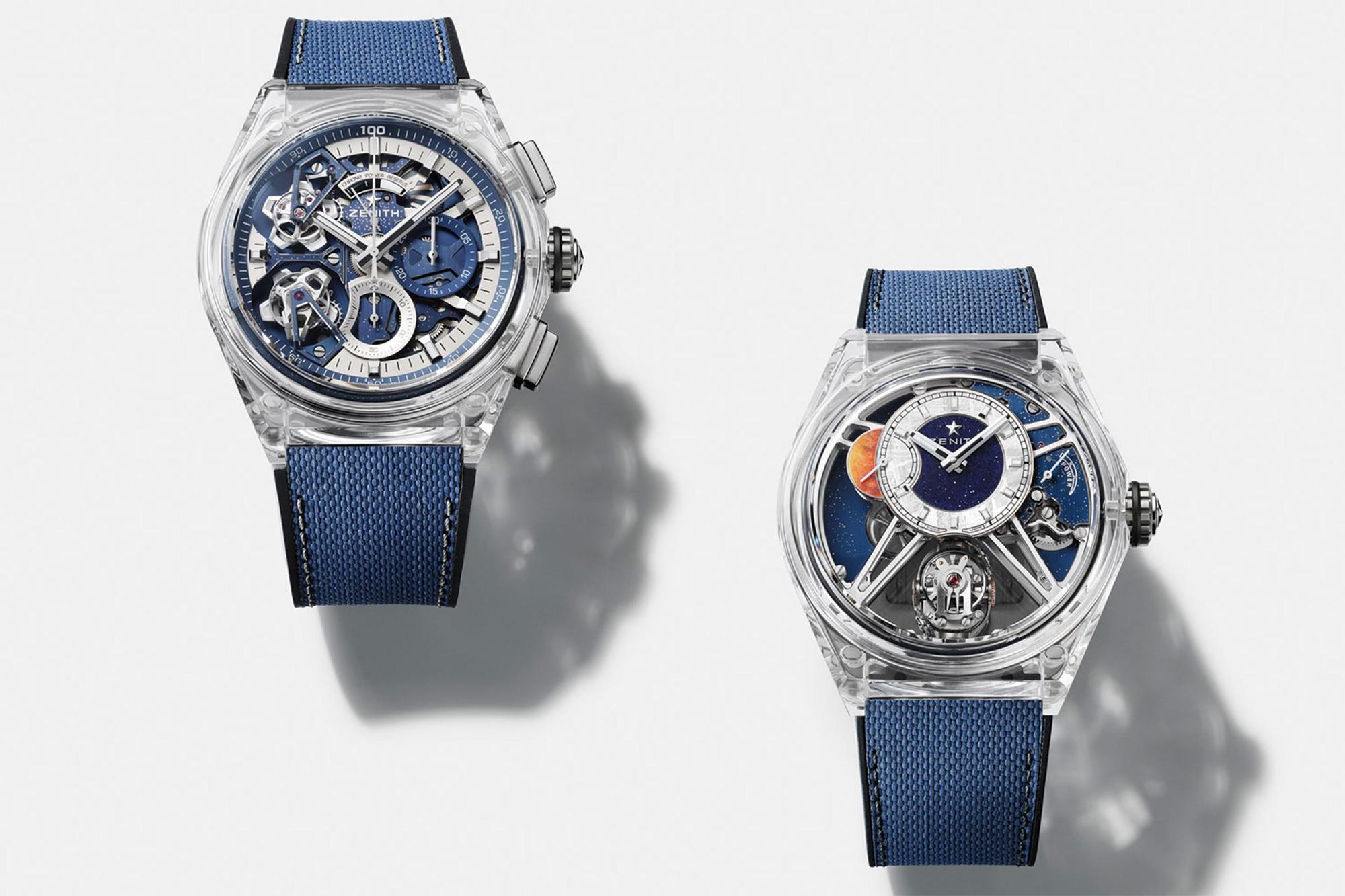 去年ZENITH發表了Defy Zero-G和Defy 21Double Tourbillon的藍寶石水晶版本，以功能來說這兩只之前其實都出現過，不一樣的是這次是以宇宙的概念做為面盤佈局，並且利用藍寶石水晶錶殼的通透特質，凸顯彷彿飄浮般的無重力感。（左）Defy 21 Double Tourbillon，建議售價NT$ 5,900,000（右）DEFY Zero-G Sapphire，建議售價NT$ 5,200,000。