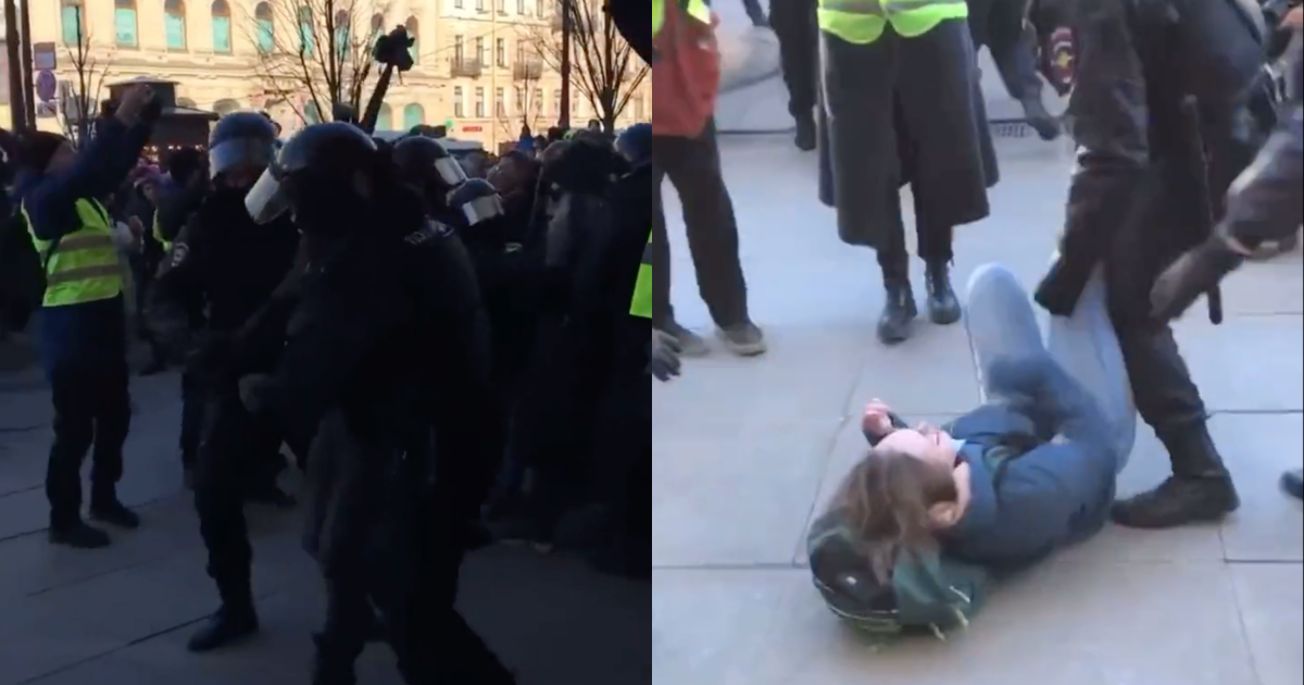 一名上街抗議俄羅斯入侵烏克蘭的民眾遭警方拖行。（翻攝自推特）