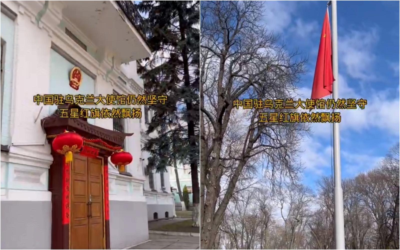 中國駐烏克蘭大使館被傳出在戰爭發生已逃離基輔,中國官媒特地發影片澄清。(翻攝自人民視頻)