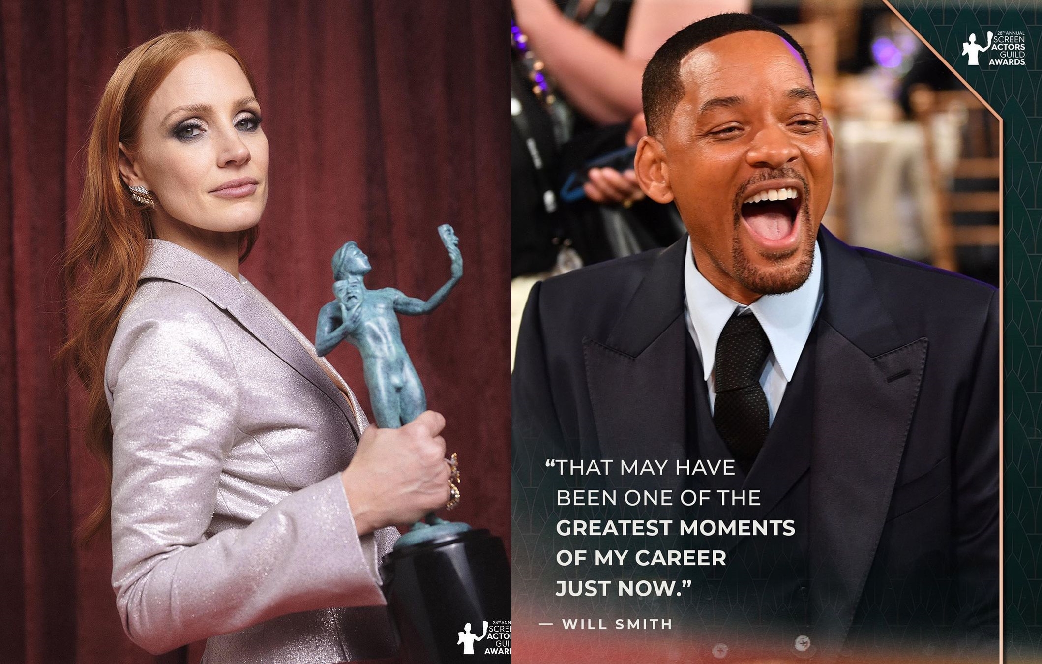 潔西卡雀絲坦與威爾史密斯分別奪下演員工會獎電影類最佳女、男主角。（SAG Awards IG）