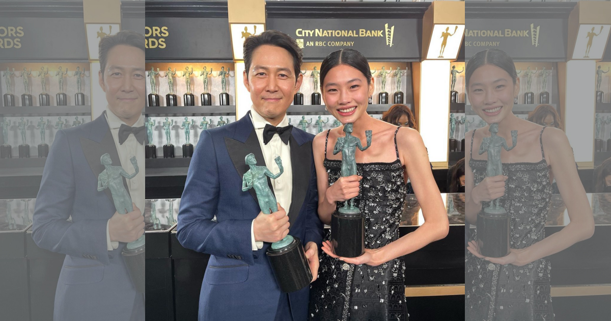 李政宰（左）與鄭好娟以韓劇《魷魚遊戲》在第28屆美國演員工會獎封帝、后，為韓國第一人。（翻攝自李政宰Instagram）