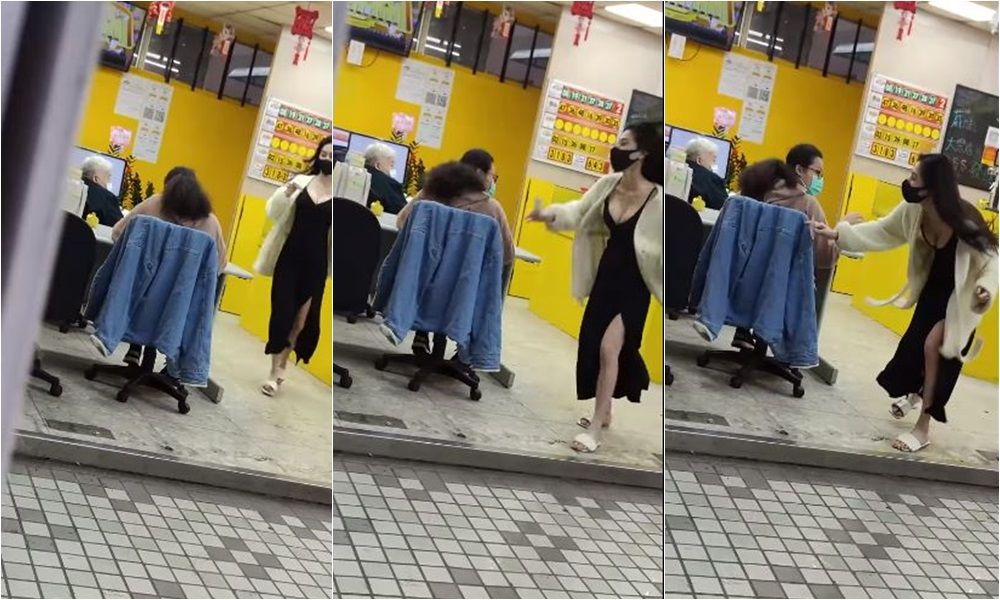 一名長髮妹在彩券行外一個踉蹌引發網友暴動。（翻攝自爆廢公社）