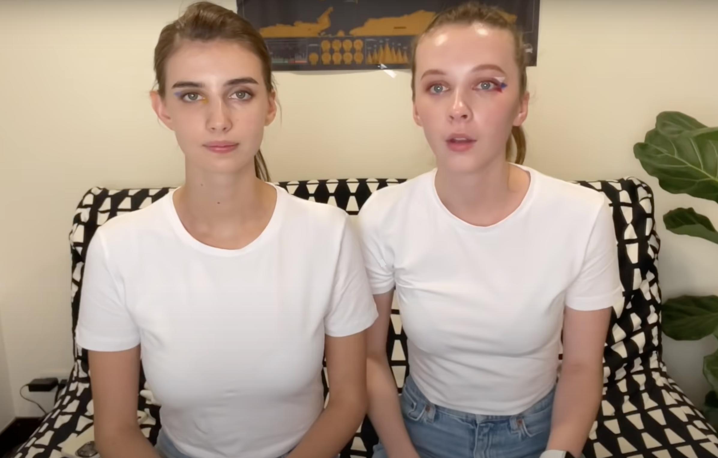 來自烏克蘭的佳娜（左）與來自俄羅斯的薩沙，合體用中文拍片，表達雙方對於烏俄戰火的看法。（翻攝自佳娜老師機官方YouTube頻道）