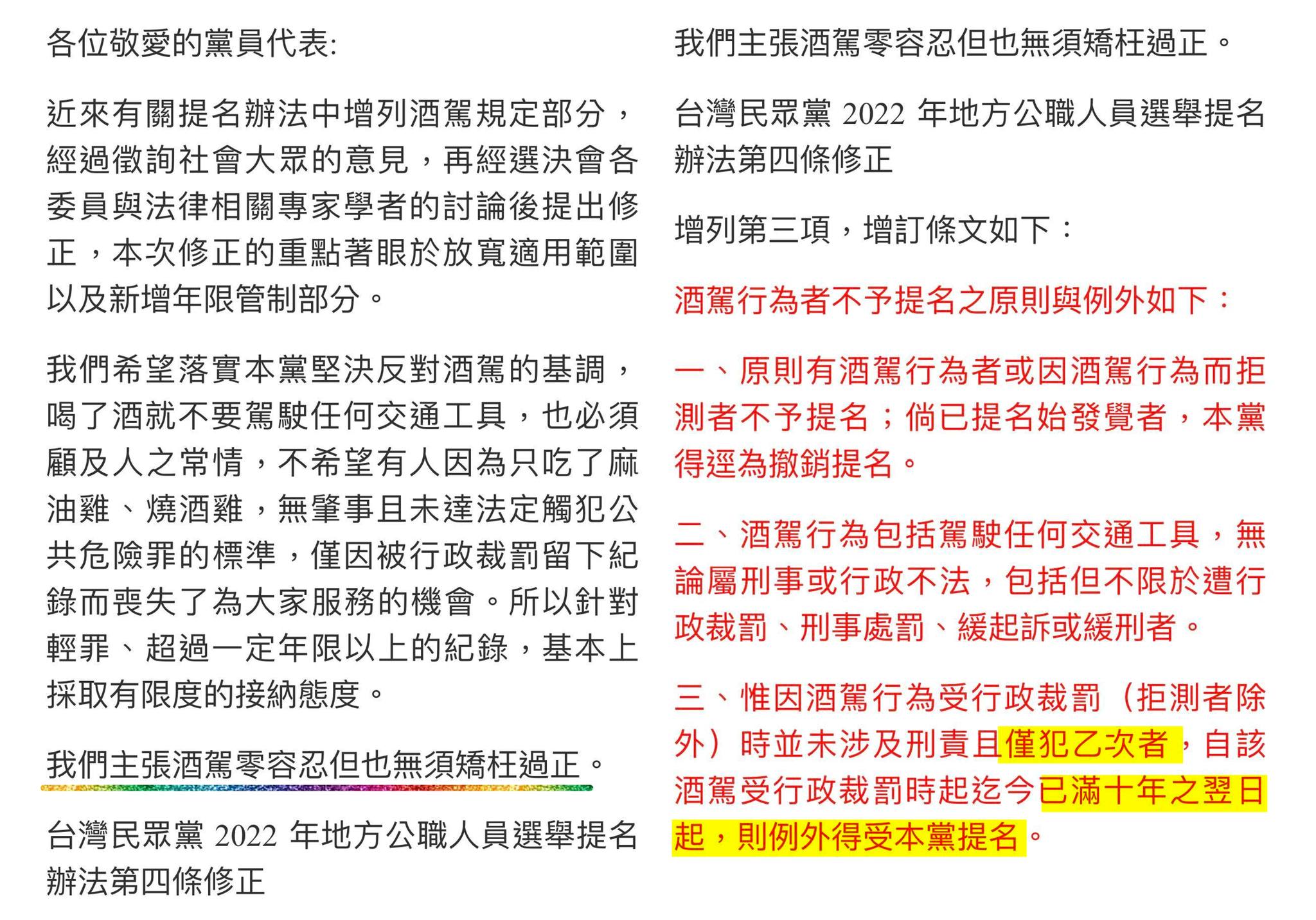 民眾黨內部信寫道，擬讓黨提名辦法之酒駕條款設為超過10年僅犯1次者可提名。（翻攝自劉宇臉書）