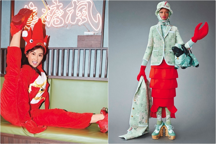 夏米雅（左）扮龍蝦，還以為蝦味先官宣最新代言人了！（誤）Thom Browne早秋系列（右）。（翻攝自《WWD》）