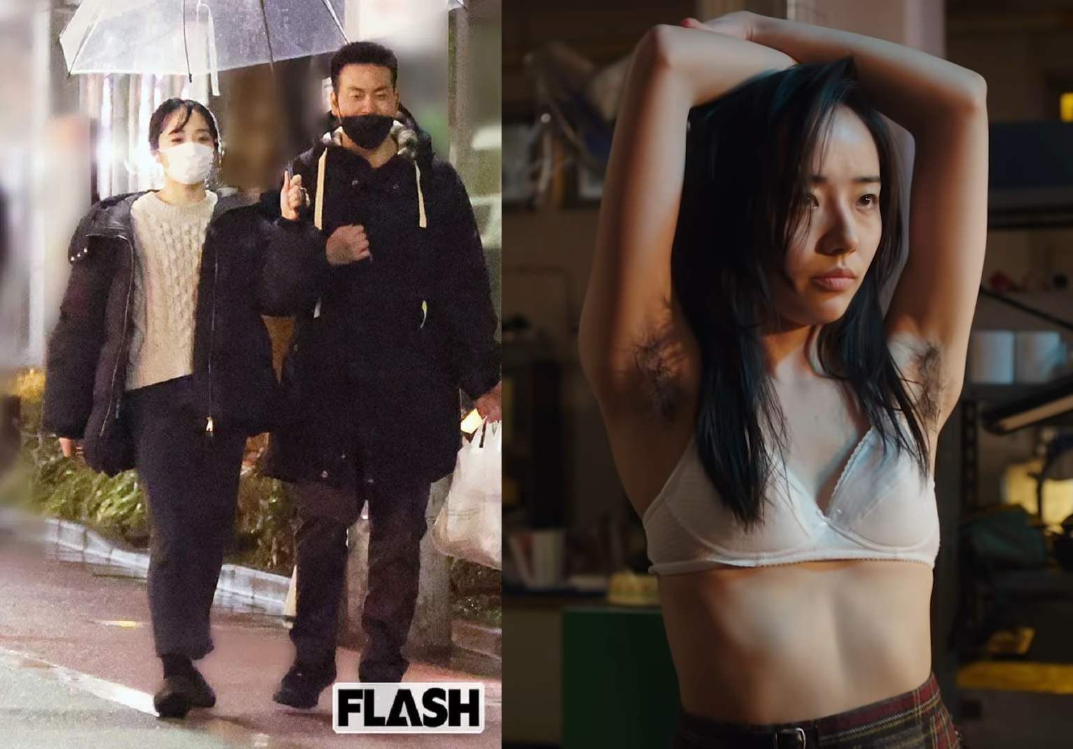 森田望智(右圖)因演出《AV帝王》聲名大噪,近日被拍到與鬼才導演片山慎三(左圖右)戀愛ING。(左圖翻攝自《FLASH》週刊,右圖翻攝自YouTube畫面)