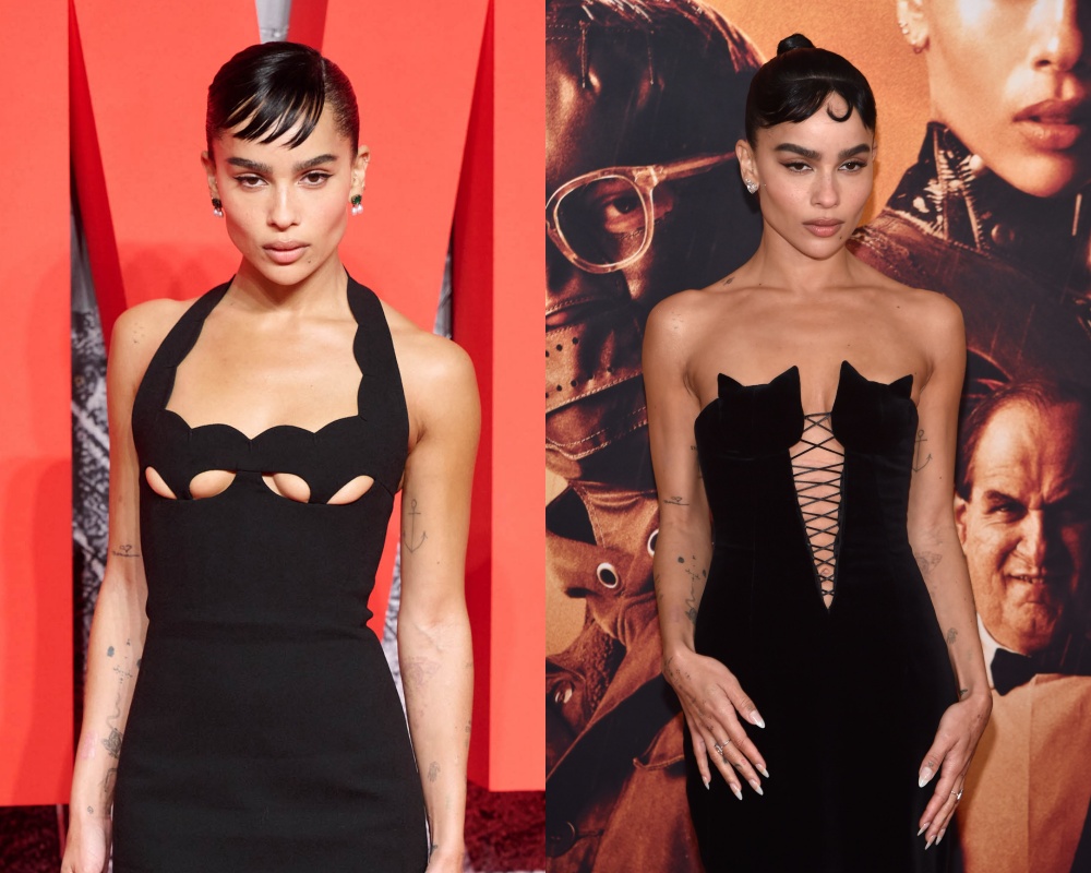 柔伊克拉維茲在《蝙蝠俠》的倫敦與紐約首映，換上兩套不同設計的低胸晚禮服，恰好各自呈現蝙蝠俠與貓女的圖案，不得不說超用心。（東方IC）