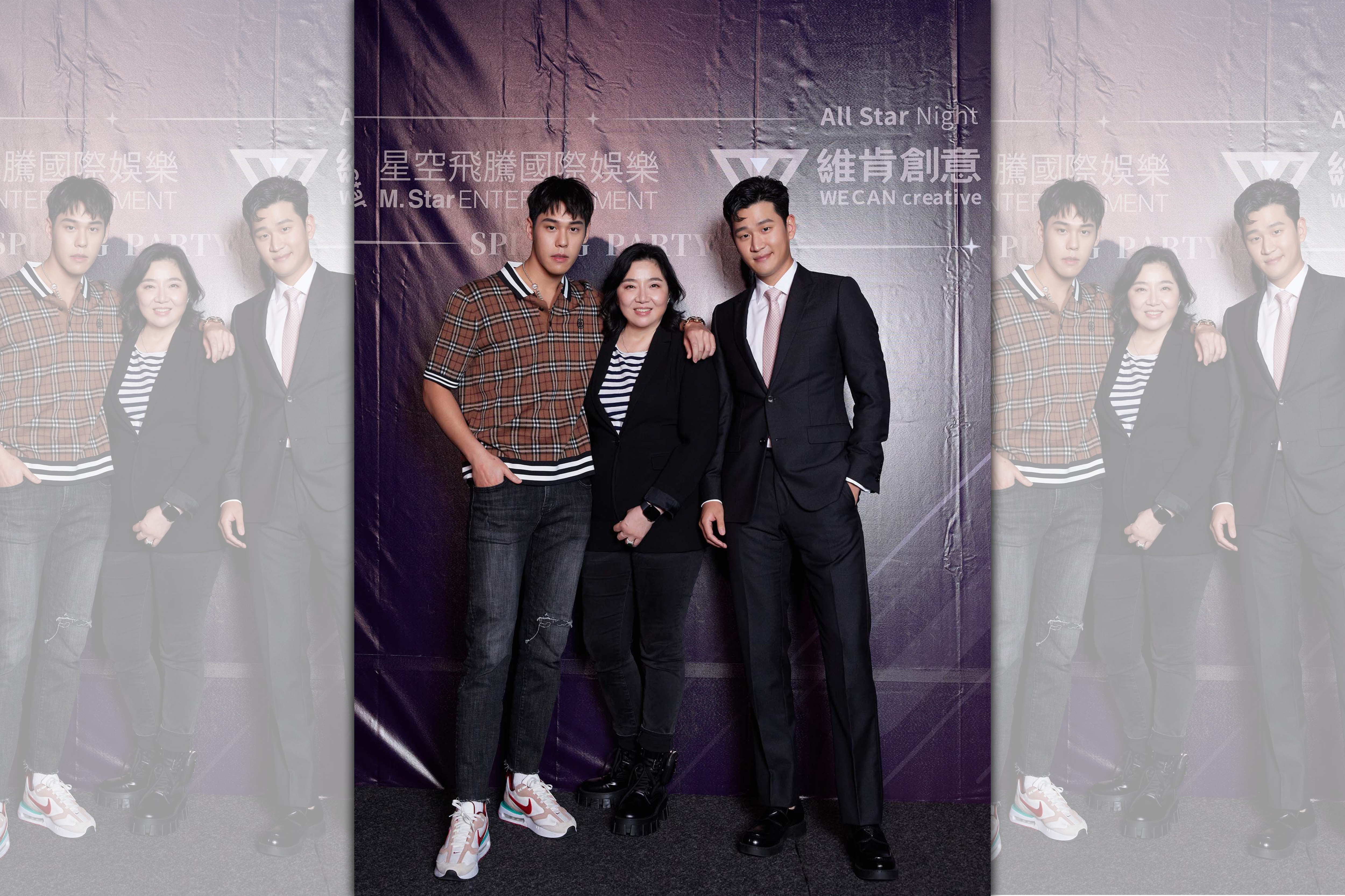 周興哲（Eric）與哥哥周予天（Alex）一起出席公司春酒，（中）為老闆羅維君。（星空飛騰提供）