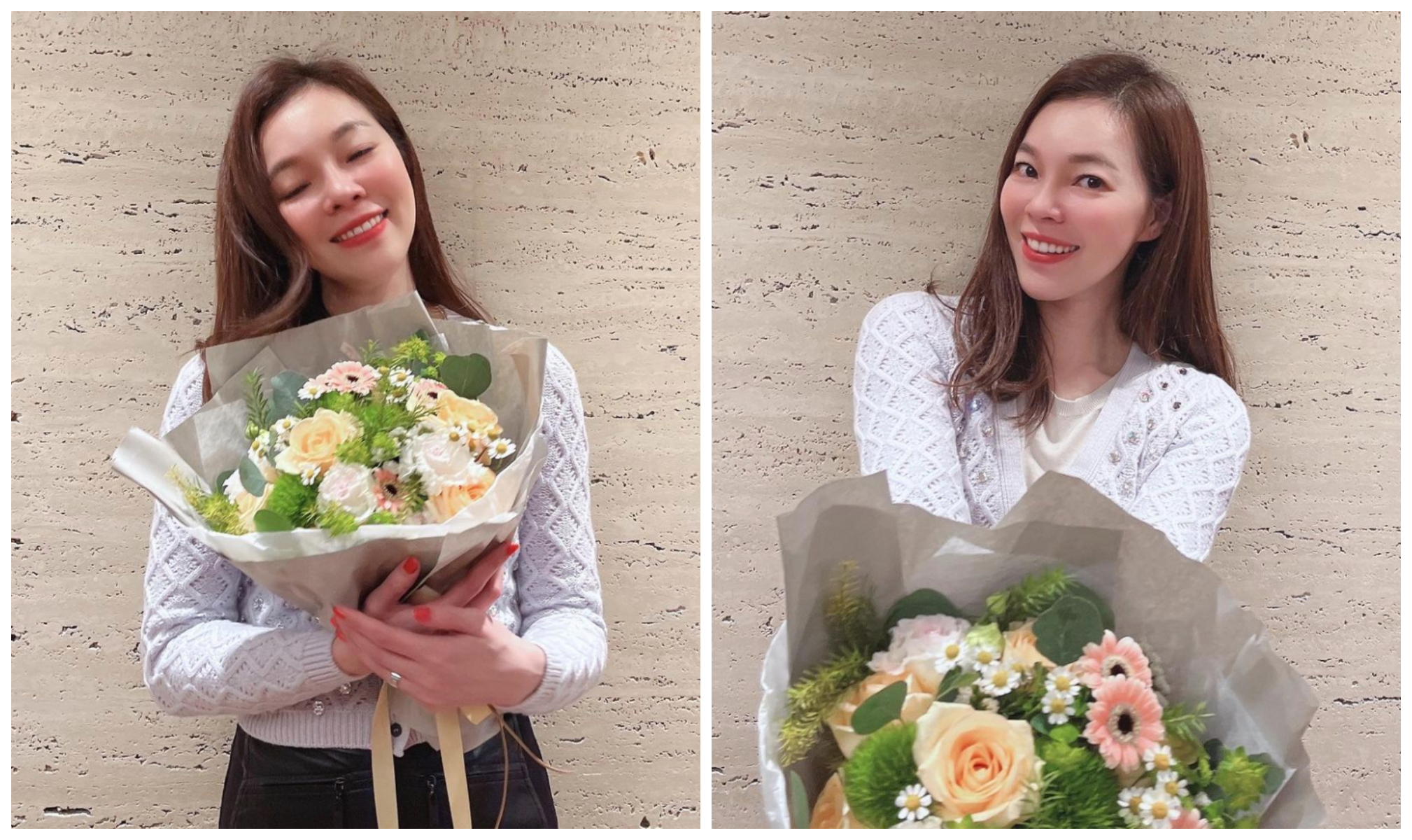 曾馨瑩貼出幾張手捧鮮花的照片，看起來氣色很好。（翻攝曾馨瑩IG）