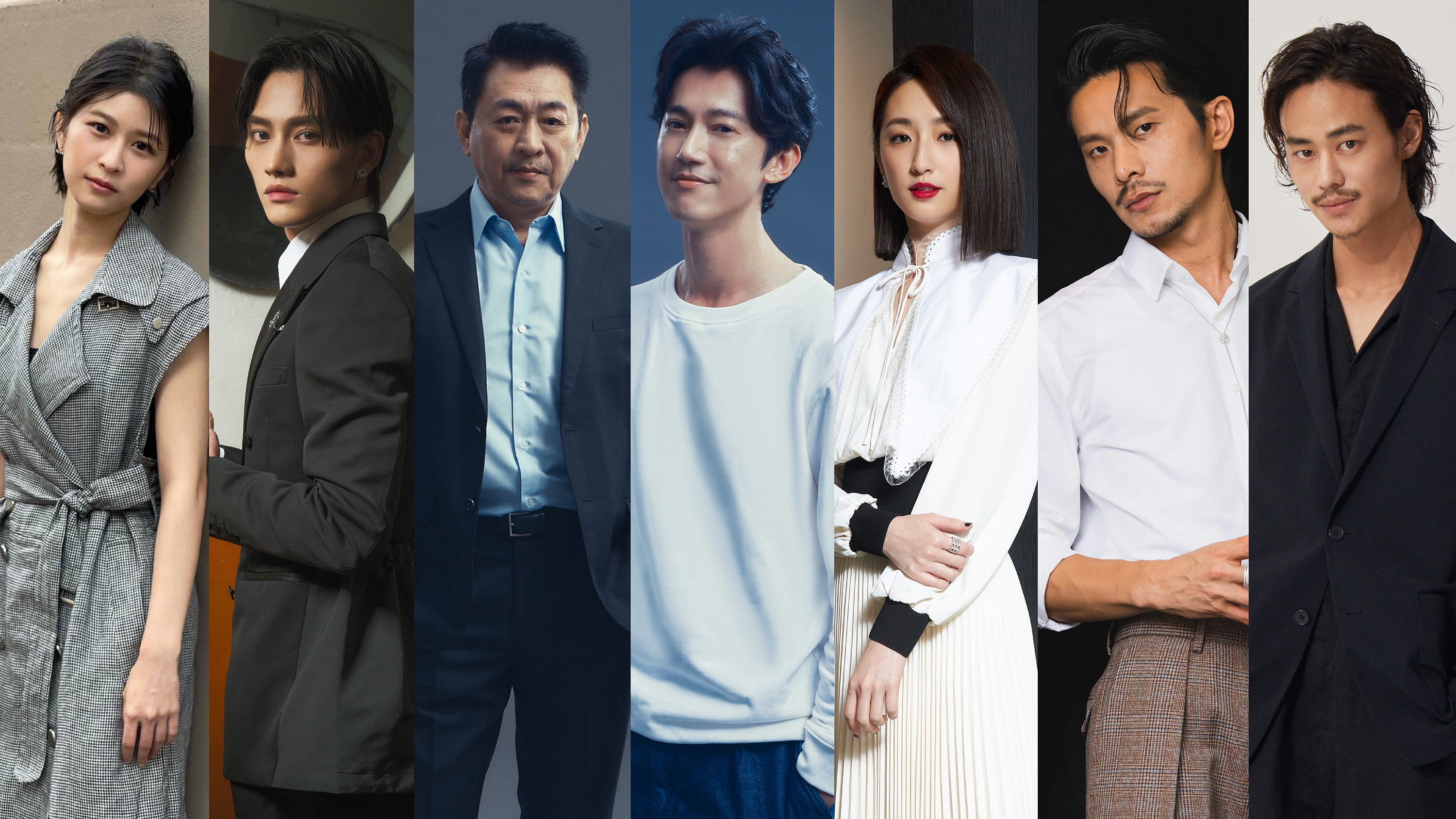 《模仿犯》卡司堅強，左起為：江怡蓉、范少勳、庹宗華、吳慷仁、柯佳嬿、姚淳耀、夏騰宏。（Netflix提供）