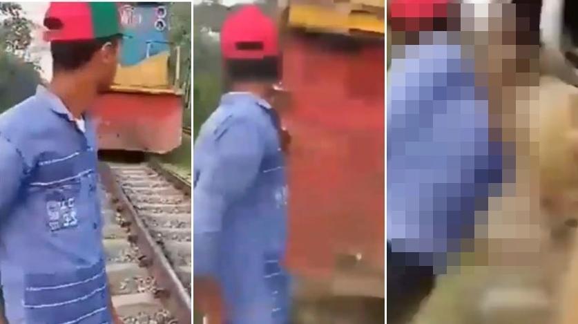 孟加拉少年與朋友站在鐵軌旁拍TikTok,瞬間就遭火車撞飛身亡。(翻攝推特影片)