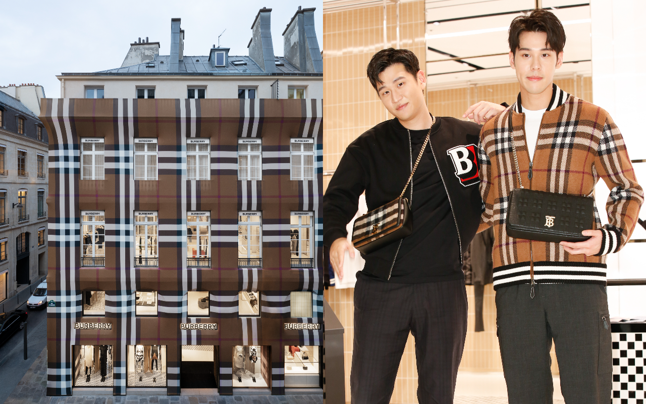 周興哲、周予天現身新光三越A9全新精品男裝專門店開幕（右圖），如今兩人身上的暗樺木棕格紋，成為巴黎旗艦店得主視覺（左圖）。