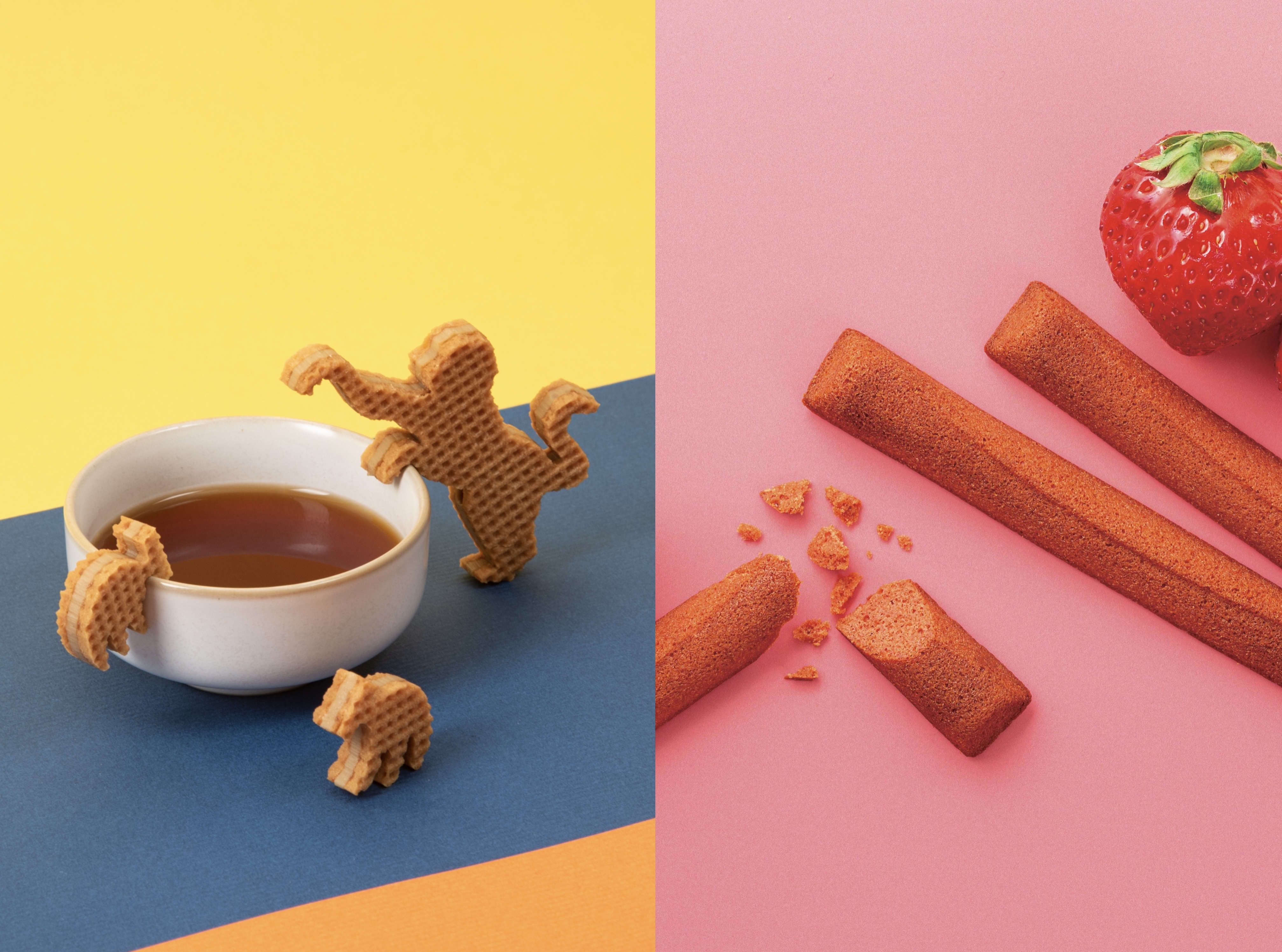 「微熱山丘」推出新品「山丘芭娜娜」杯緣子餅乾，「YOKU MOKU」也推出來台10週年季節限定「草莓餅乾棒」。（微熱山丘、YOKU MOKU提供）