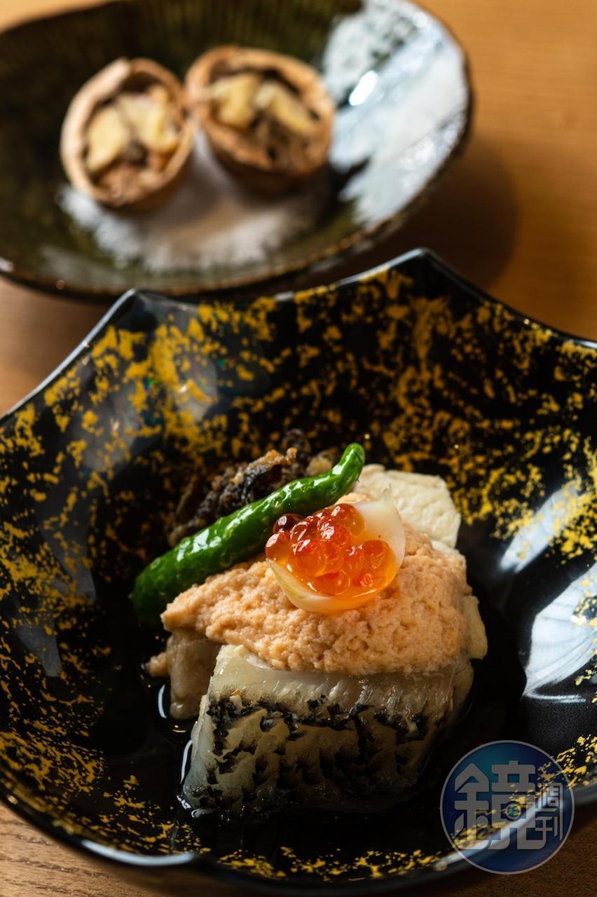 煮物「龍膽石斑」搭配鮭魚豆腐,魚肉厚實、膠質豐富。(2,680元套餐菜色)