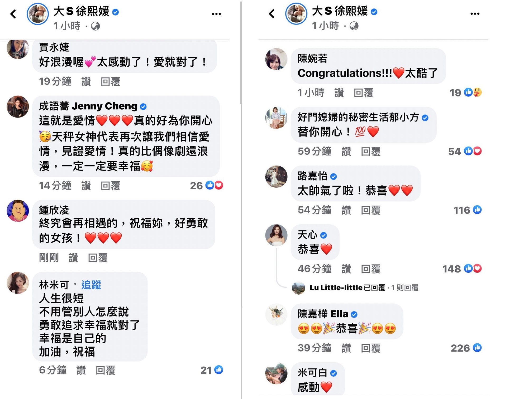 大S在臉書告知喜訊，不少星友大大的恭喜。（翻攝大S臉書）