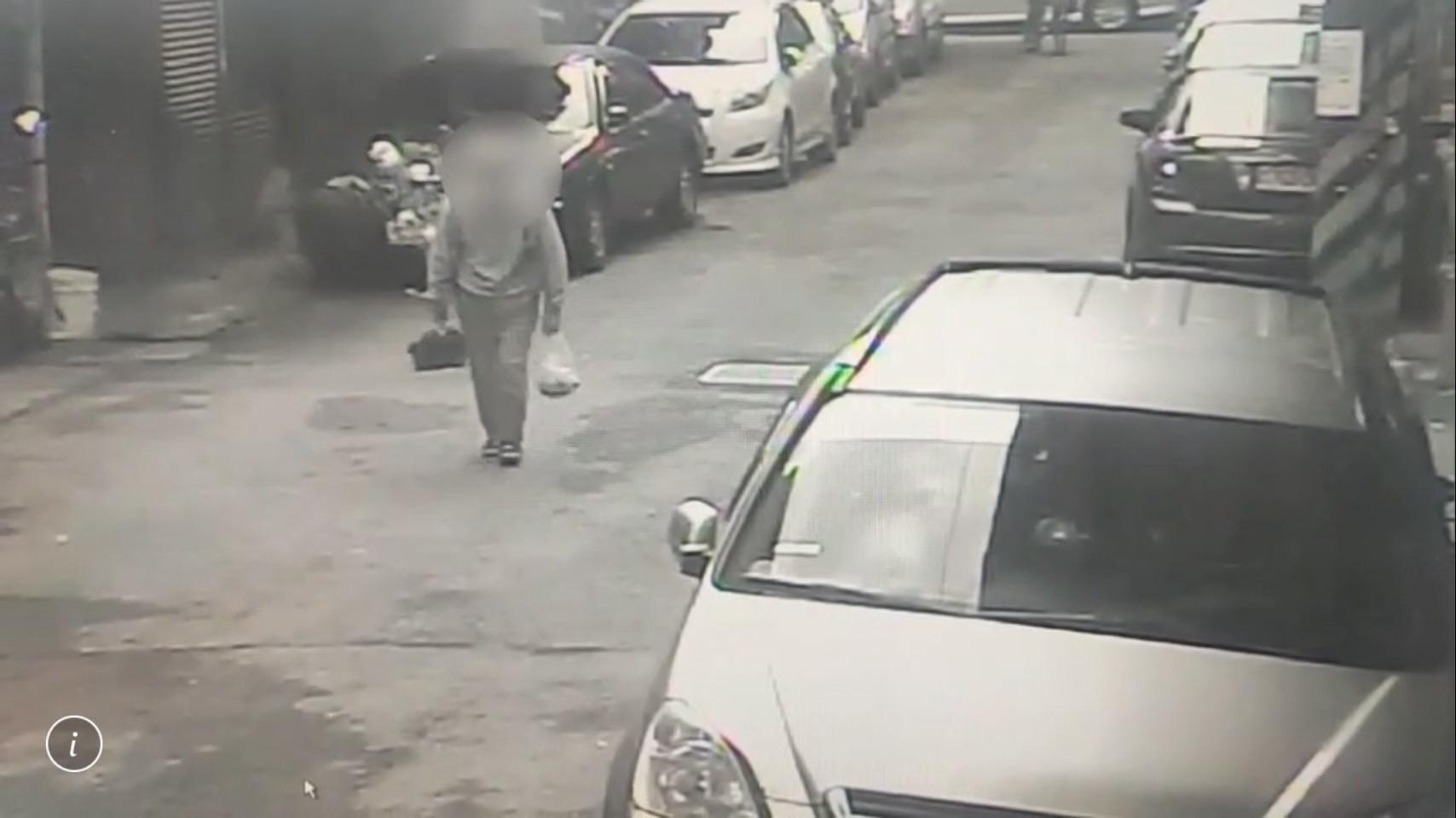 警方調閱監視器發現陳男拎著山茶花一路走回家。(翻攝畫面)