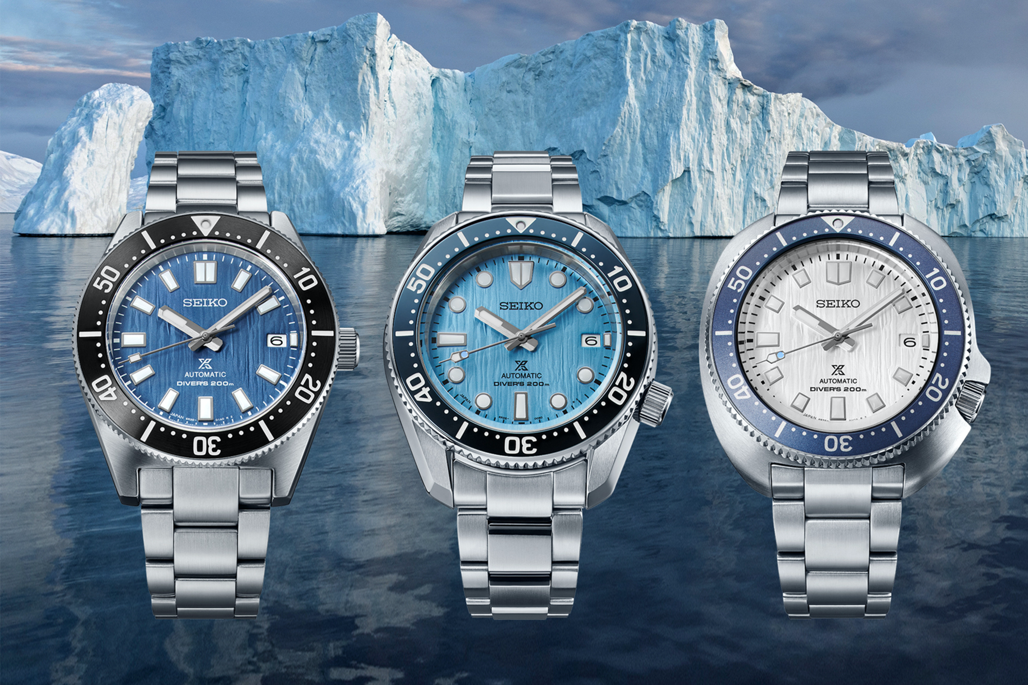 Prospex Save the Ocean Special Editions（左起）SPB297 、SPB299、SPB301｜錶徑40.5mm、42.0mm、42.7mm／不鏽鋼錶殼／時、分、秒、日期指示／6R35自動上鍊機芯／動力儲存70小時／防水200米／建議售價：約1,300歐元（SPB297與SPB299）約1,400歐元（SPB301）