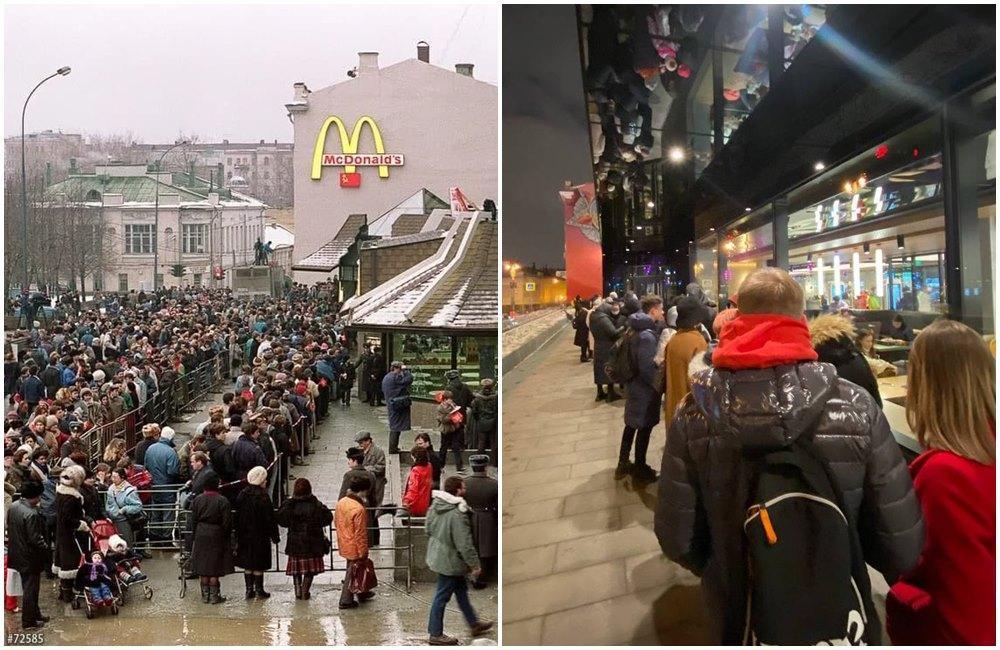 俄羅斯的第一家麥當勞擠爆人潮(右圖),重現32年前開店時的場景(左圖)。(翻攝@jason_corcoran推特)